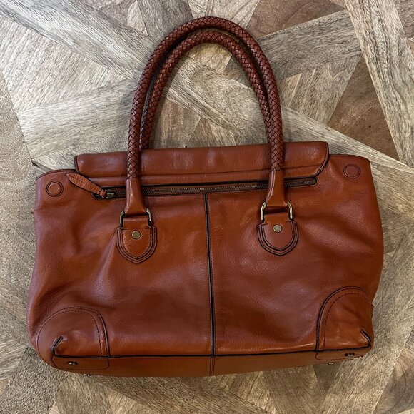 Cole Haan Brown Leather Handbag with Braided Handles and Tassel - Picture 2 of 8